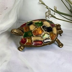 Vintage Trinket Turtle Multi Color Enameled Shell Brass Wire Hinged Shell 2”
